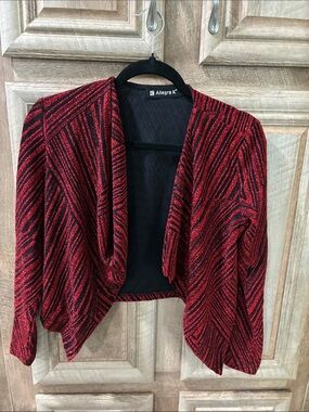 Allegra K Red & Black Sparkly Stripe Holiday Open Waterfall Cardigan NWOT
